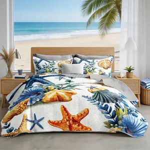Summer Beach Quilted Set Starfish Seashell Conch Bedding Queen Size,Ocean Beach Themed Quilt for Kids Girls Boys Room Decor,Lightweight Coastal Quilt with 2 Pillowcases