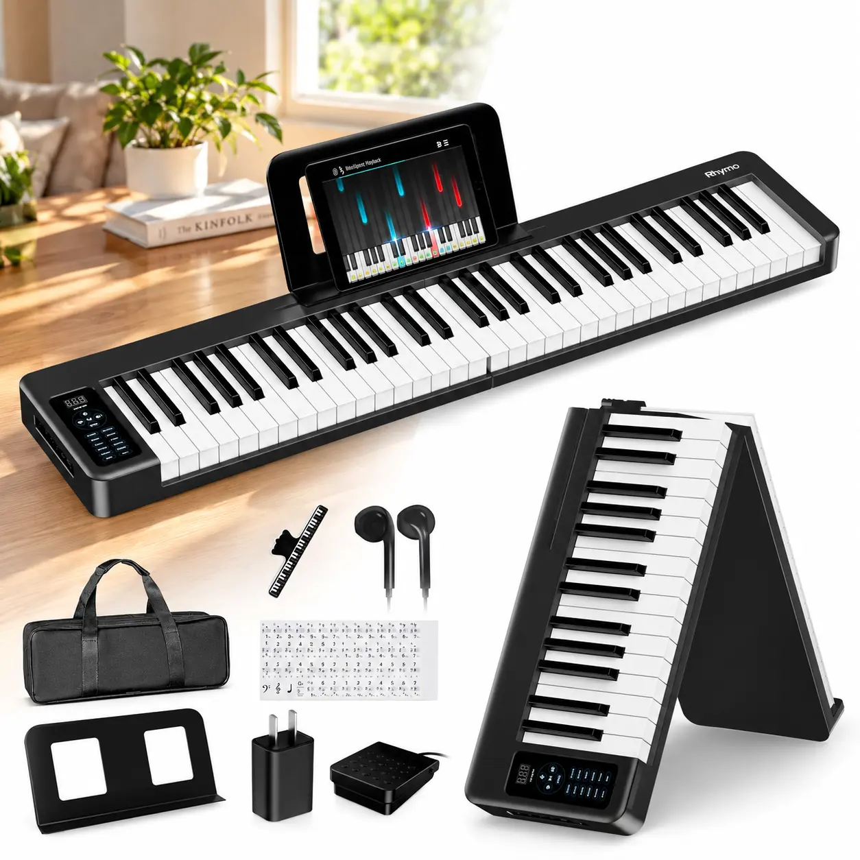 Rhymo 61-Key Foldable Electronic Keyboard, Portable Digital Piano with Micro-Weighted Keys, Bluetooth MIDI, 10-Hour Battery for Beginners & Adults