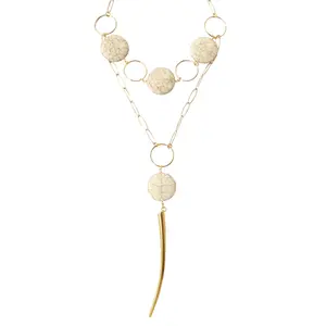 White howlite stone and gold circular layered with gold spike pendant necklace