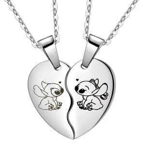 Disney Stitch Couple Necklace Set Heart-Shaped Pendants Adorable Design Perfect for Valentine's Day Gifts Romantic Touch