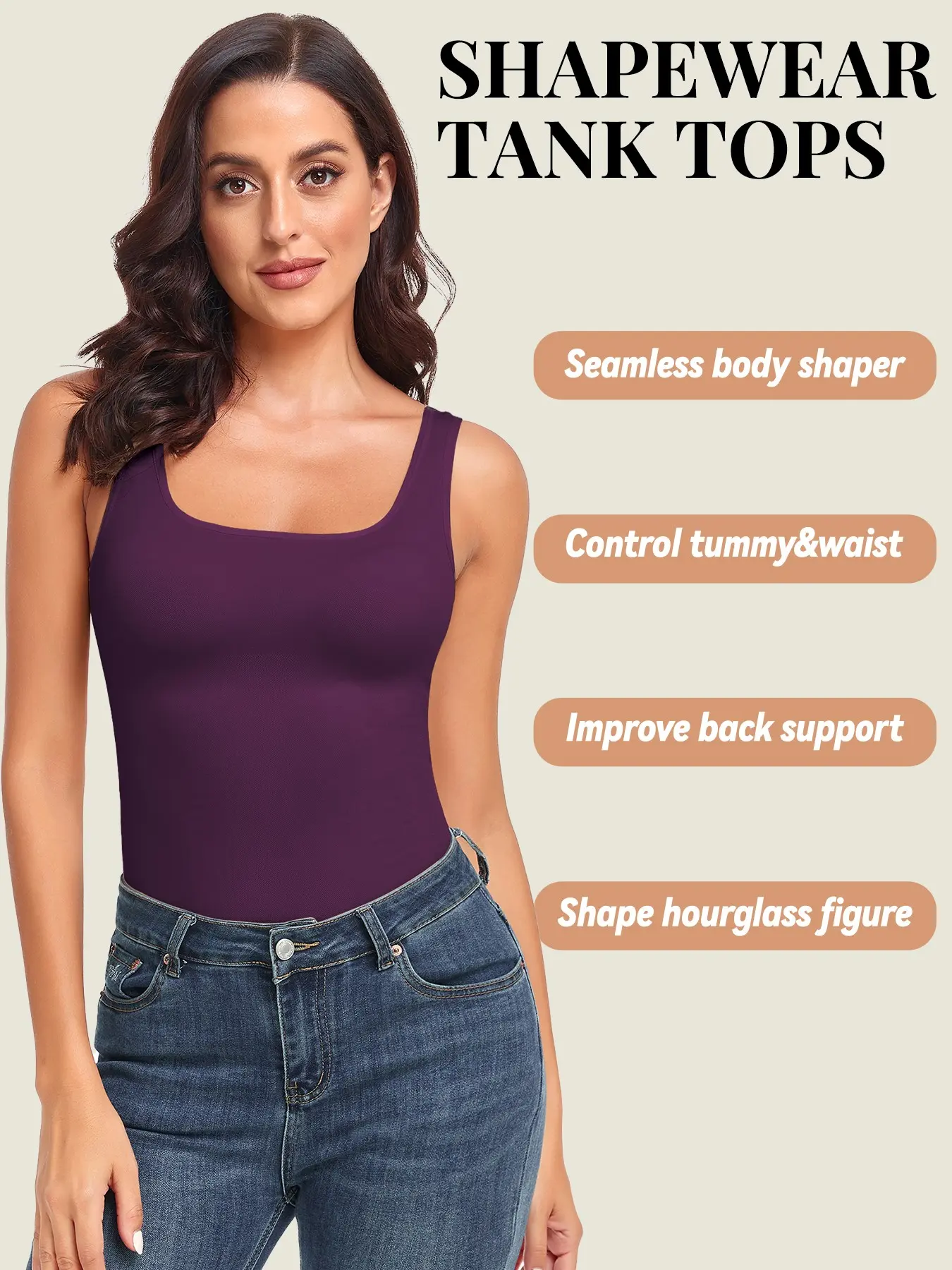1/2/3Pcs Women's Faja Body Shaper Shapewear Tank Tops Tummy Control, Seamless Square Neck Sleeveless Compression Tops, Slimming Body Shapewear, Solid Backless Shaper