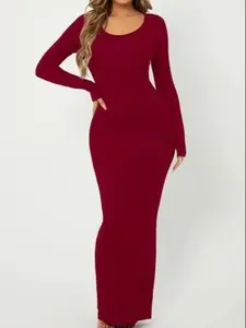 Women's Slim-Fitting Long Sleeve Round Neck Plain Bodycon Dress, Elegant Chic Casual Wear for Daily, Stylish Women's Clothing, Elegance