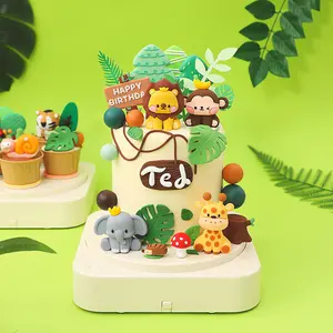 27-Piece Jungle Animal Cake Decoration Set, Lion Monkey Giraffe Elephant Squirrel Owl Hedgehog Mushroom Tree Stump Birthday Party Supplies