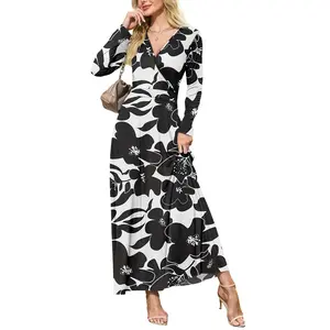 AUSELILY Maxi Dresses for Women, Cross Vneck, Longsleeve Ankle Length Floral Print Flowy Dress with Pockets