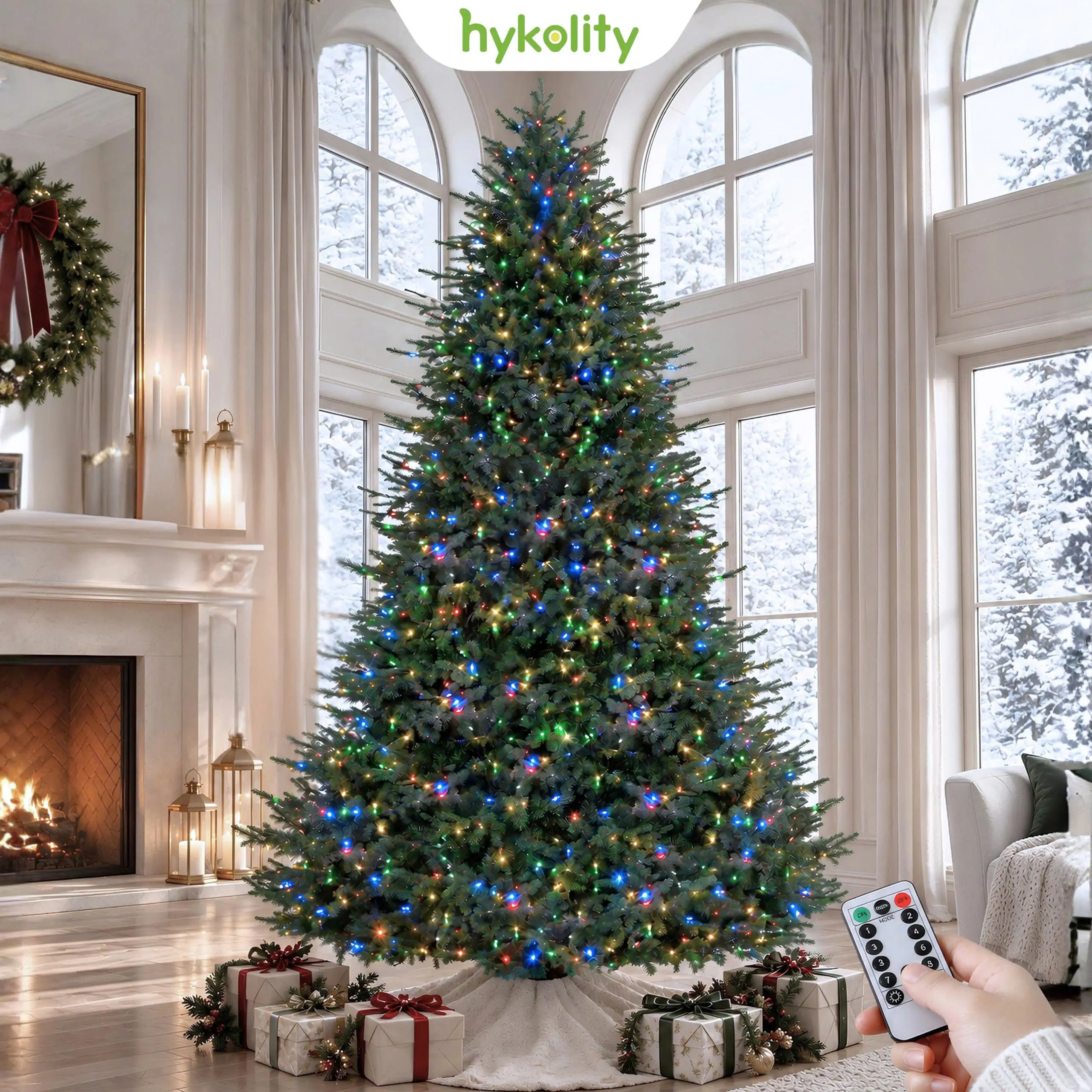 HYKOLITY Pre-Lit Flocked Christmas Trees - 7.5FT/9FT/12FT Sizes, Warm White & Multicolor Changing LED Lights, Realistic PE Foliage, Pencil Slim Snow-Covered Hinged Branches, Metal Stand for Home Holiday Decor
