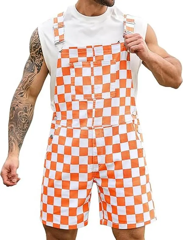 Yuanbang American Football Stretch Checkered Bib Overalls for Men and Women Game Day Jumpsuit Shorts Work Coveralls, Menswear, Womenswear, Spring Summer Fall Fashion Style Friday Night Party Outfits