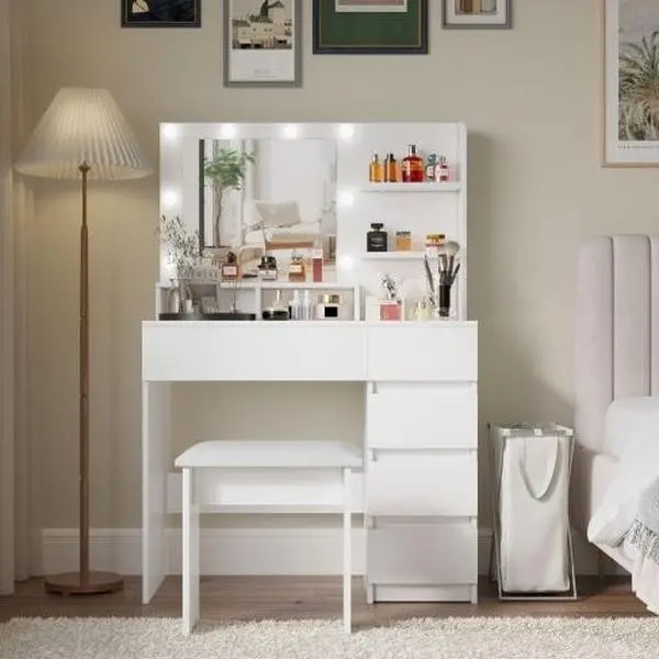 White Makeup Vanity Desk with LED Mirror, Storage Shelves and Stool