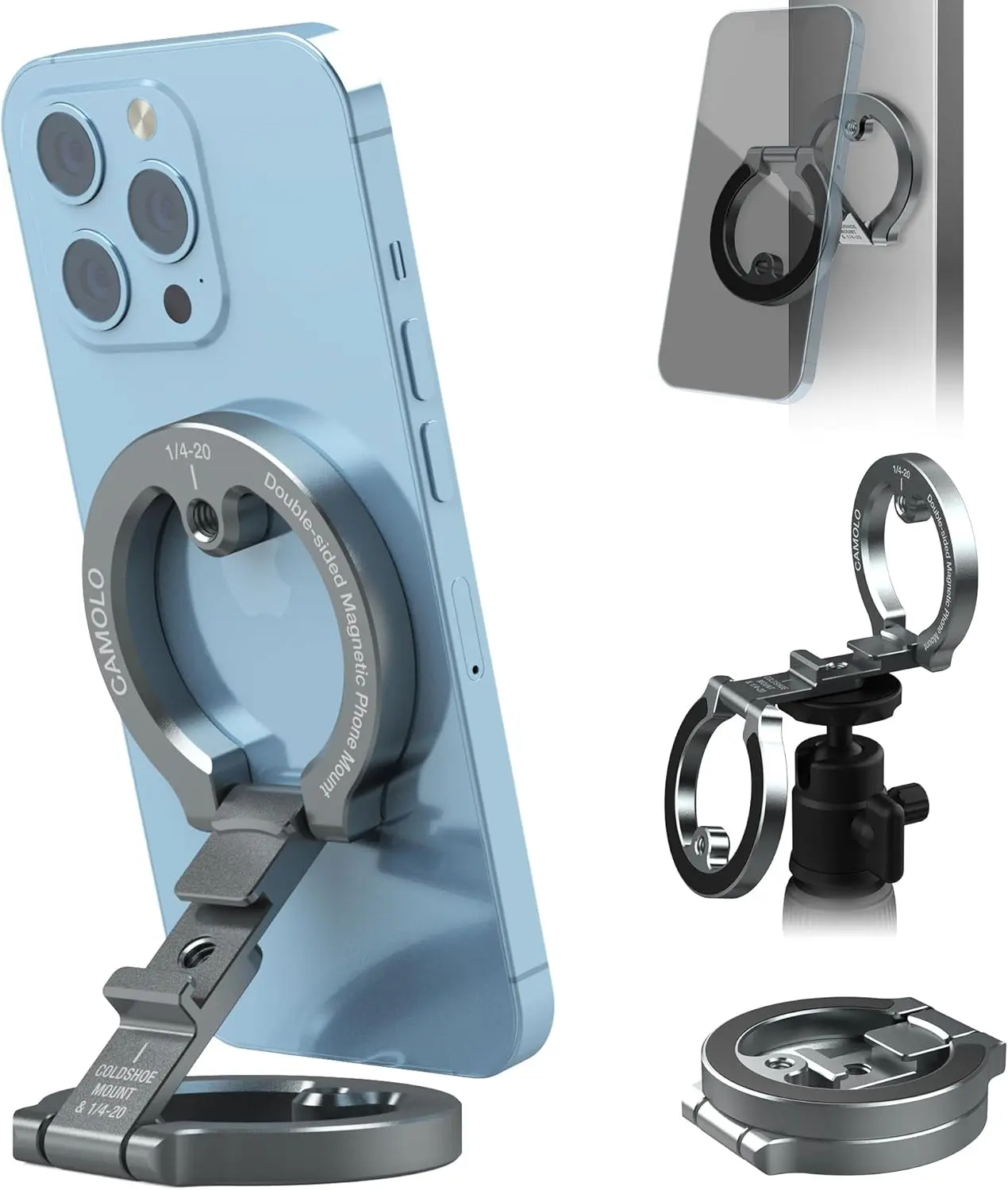 Metal Magnetic Phone Stand Holder Compatiable with Magsafe, 1/4" Screw Tripod Mount, Gym Magnetic Phone Stand