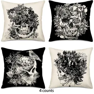 4-Piece Halloween Decorative Pillow Covers, Vintage Floral Skull Gothic Raven Cushion Cases, Cotton Linen for Day of the Dead Home Decor 16x16inch/18x18inch/20x20inch