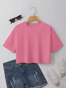 Women's Loose-Fitting Short Cropped Solid Knitted T-Shirt, High-Waisted Summer Top, Casual Summer Apparel for Comfortable Daily Wear