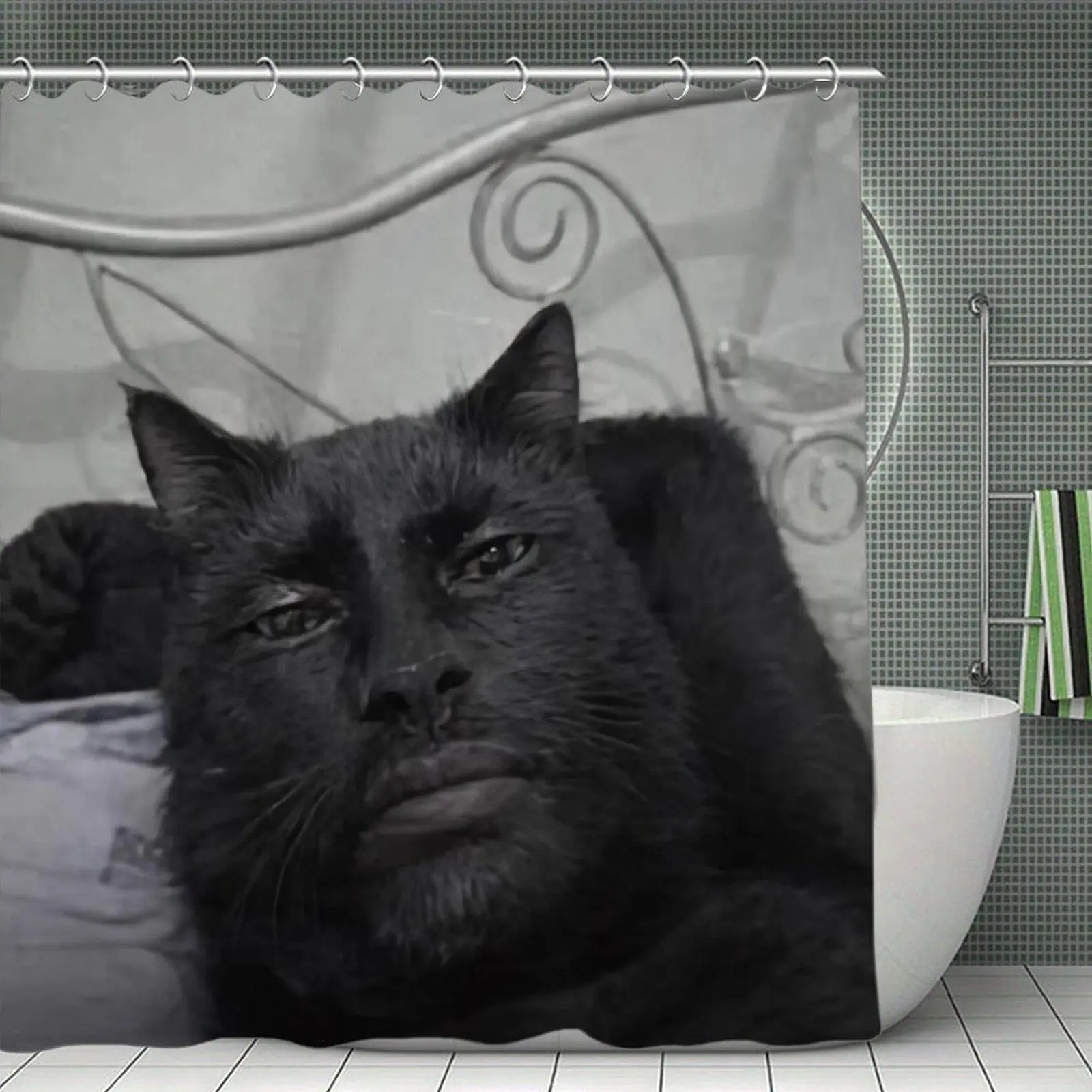 Black Cat With Human Face Features Print Waterproof Shower Curtain, Weird Funny Pet Bathroom Decor