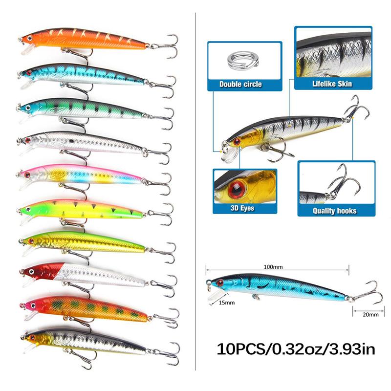 97PCS Fishing Lures Kit Mixed Including Minnow Popper Crank Baits with Hooks for Saltwater Freshwater Trout Bass Salmon Fishing