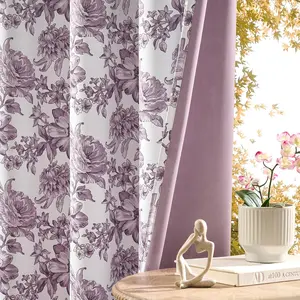 Purple Floral Curtains 84 Inches Long 2 Panels for Bedroom Grommet French Violet Flower Room Darkening Reversible Curtains for Girl Room Noise Reduction Thermal Drapes, 52x84