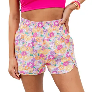 Asvivid Boho Floral Shirred High Waist Casual Shorts