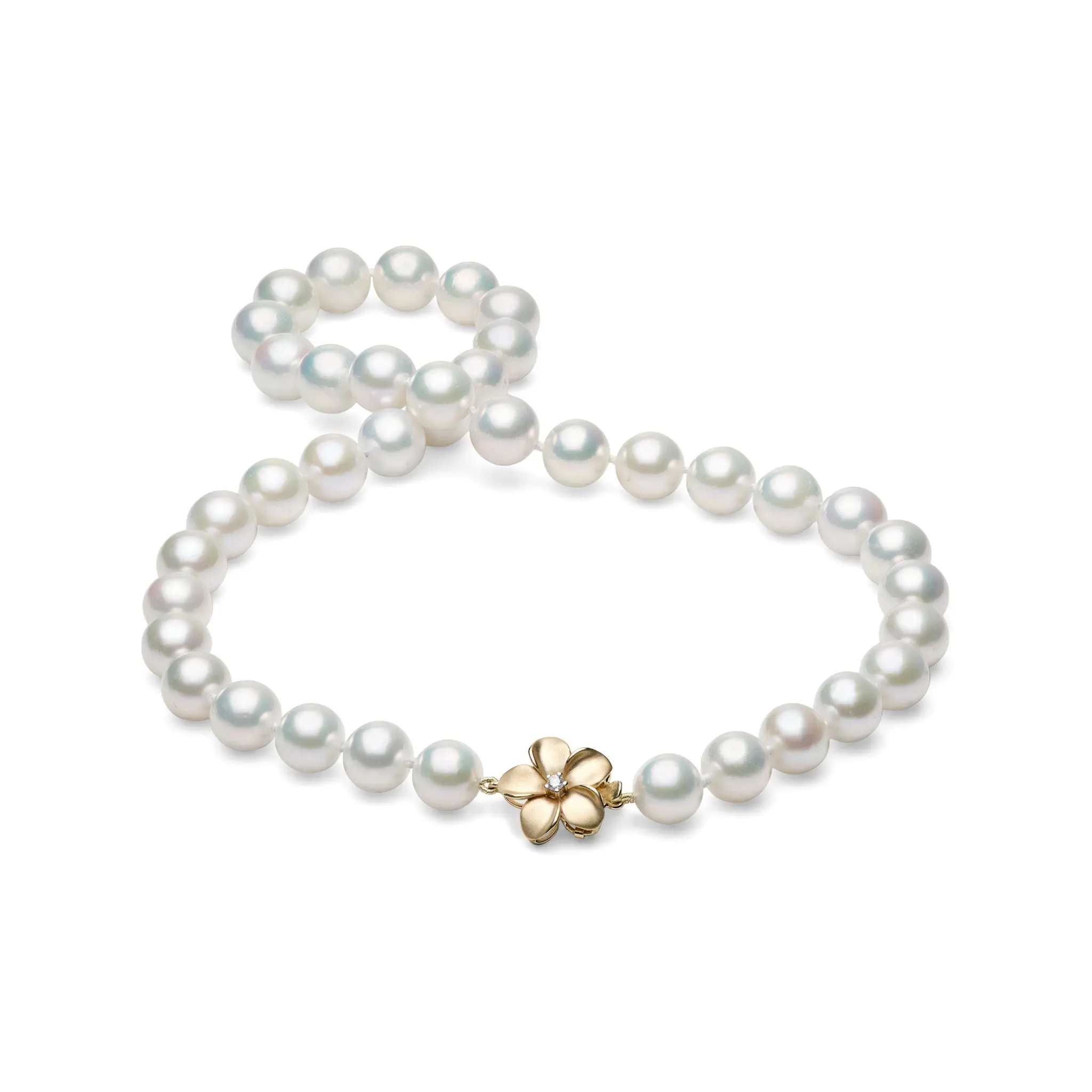 19-20" Freshwater White Pearl Strand with Diamond Plumeria Clasp in Gold - 10-11.9mm
