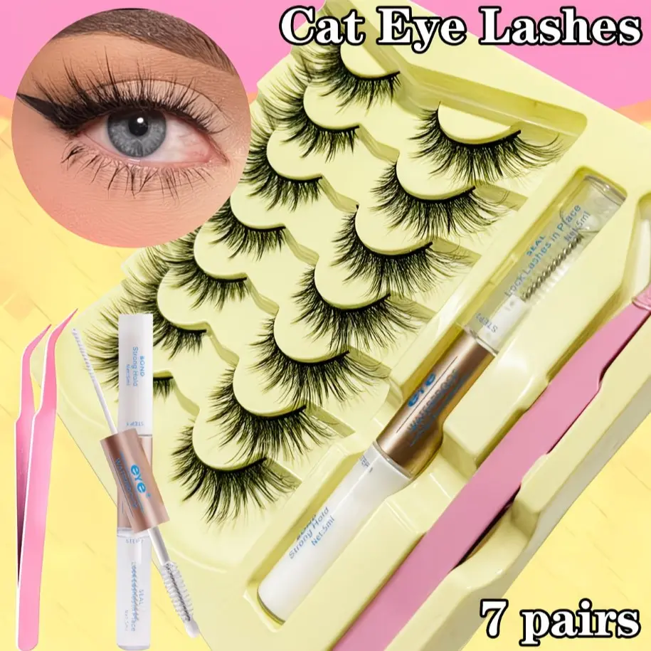 7 Pairs False Lashes Set, Soft Natural Flawless Cat Eye Effect, Lightweight Lash Extension Kit, Includes Dual-Head Glue and Lash Clamp, Reusable, Comfortable, Eyelash Extensions