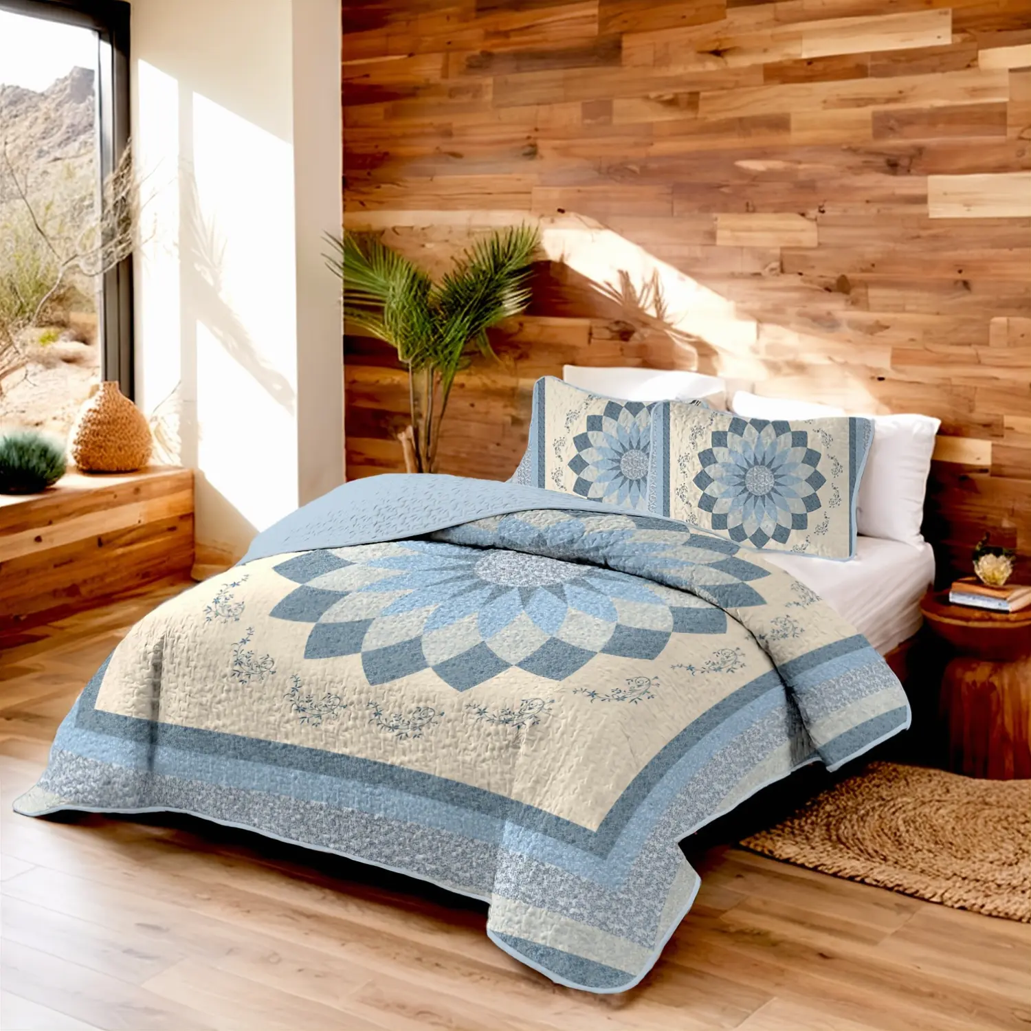 3pcs Or 2pcs Bohemian Blue Square Flowers Printing Bedspread Sets |   Durable, Breathable, Lightweight Spring Bedding with Embossed Patterns, Scratch-resistant, Machine Washable, Ideal As Holiday Gifts, Includes 1pc Quilt and 1/2pcs Pillowcases