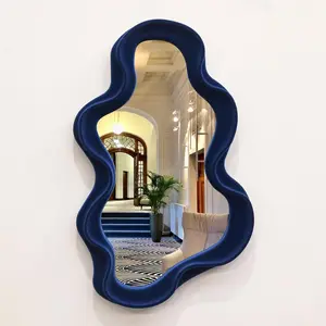 Irregular Wall Mirror Living Room Decor, Decorative Wavy Funky Mirrors with Flocking Touch, Modern Asymmetrical Mirror for Hallway Entryway Staircase Bathroom Bedroom (Dark Blue)