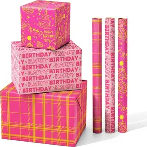 3 Rolls Pink Birthday Wrapping Paper Roll with Flexible Cutting Line for Girls Women, Designed with Text HAPPY BIRTHDAY, Cakes and Plaids, Mini Rolls, 17 Inch X 9.8 Feet per Roll