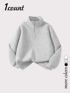 Women's Casual Loose Fit Half-Zip Long Sleeve Sweatshirt, Pure Color Hooded Neckline, Comfortable Warm Fabric, Perfect for Fall Winter
