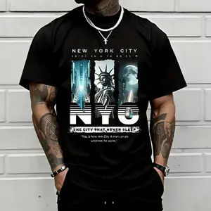 Mens NYC Eternal City printed T-shirt, New York street-style short sleeve, Statue of Liberty themed casual top.