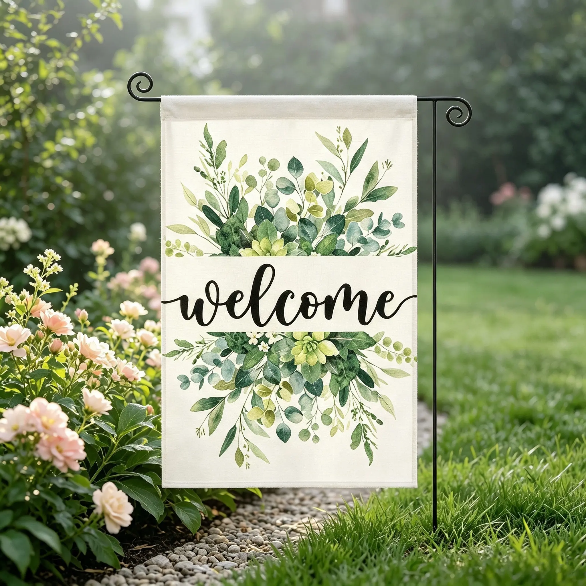 12x18 in Rectangular Double-Sided Floral Leaf Welcome Outdoor Garden Flag, Spring-Summer Yard Decoration, Weather-Resistant Fade-Resistant Eucalyptus Greenery Home Improvement Supply