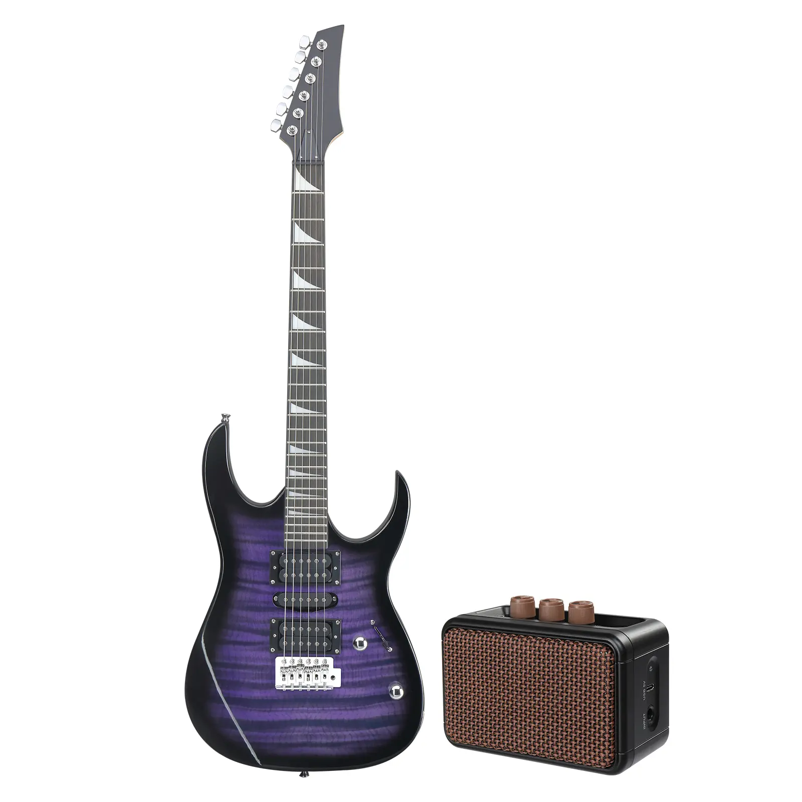 39" 170 Model 24-Fret Electric Guitar Kit with HSH Pickups, Hard Rock Tiger-Stripes, 1/8" Aux Input Jack, 1/4" Jack, Black-Purple Finish, Fusion Compatibility, Guitar Bag, Shoulder Strap, Wrench Tool, Type-C USB Audio Interface