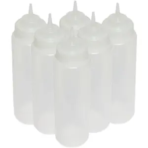 Set of 6 Squeeze Condiment Wide Mouth Dispensing Bottles 24 oz Clear- Plastic Squeeze Bottle For Sauces Spreads Ketchup Mustard Mayo Hot sauces and Olive oil