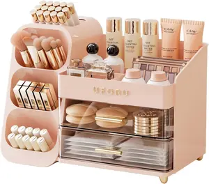 UFORU Spacious Makeup Organizer for Vanity & Countertop - Cosmetic Display Case with Drawers for Skincare, Lipstick, and Beauty Essentials | PINK Compact Eyeshadow