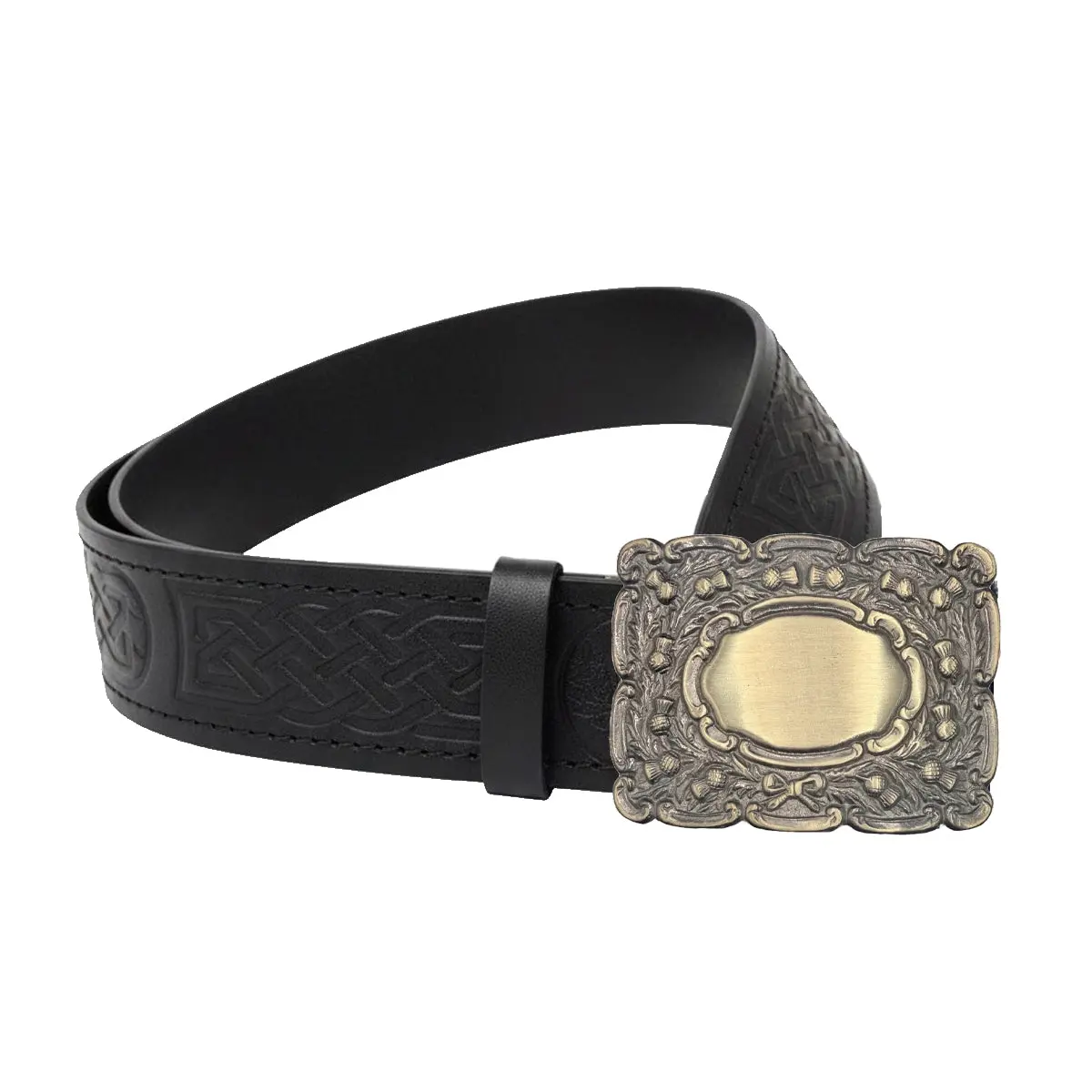 Black Leather Thistle Design Scottish Highland Kilt Belt With Antique Finish Buckle