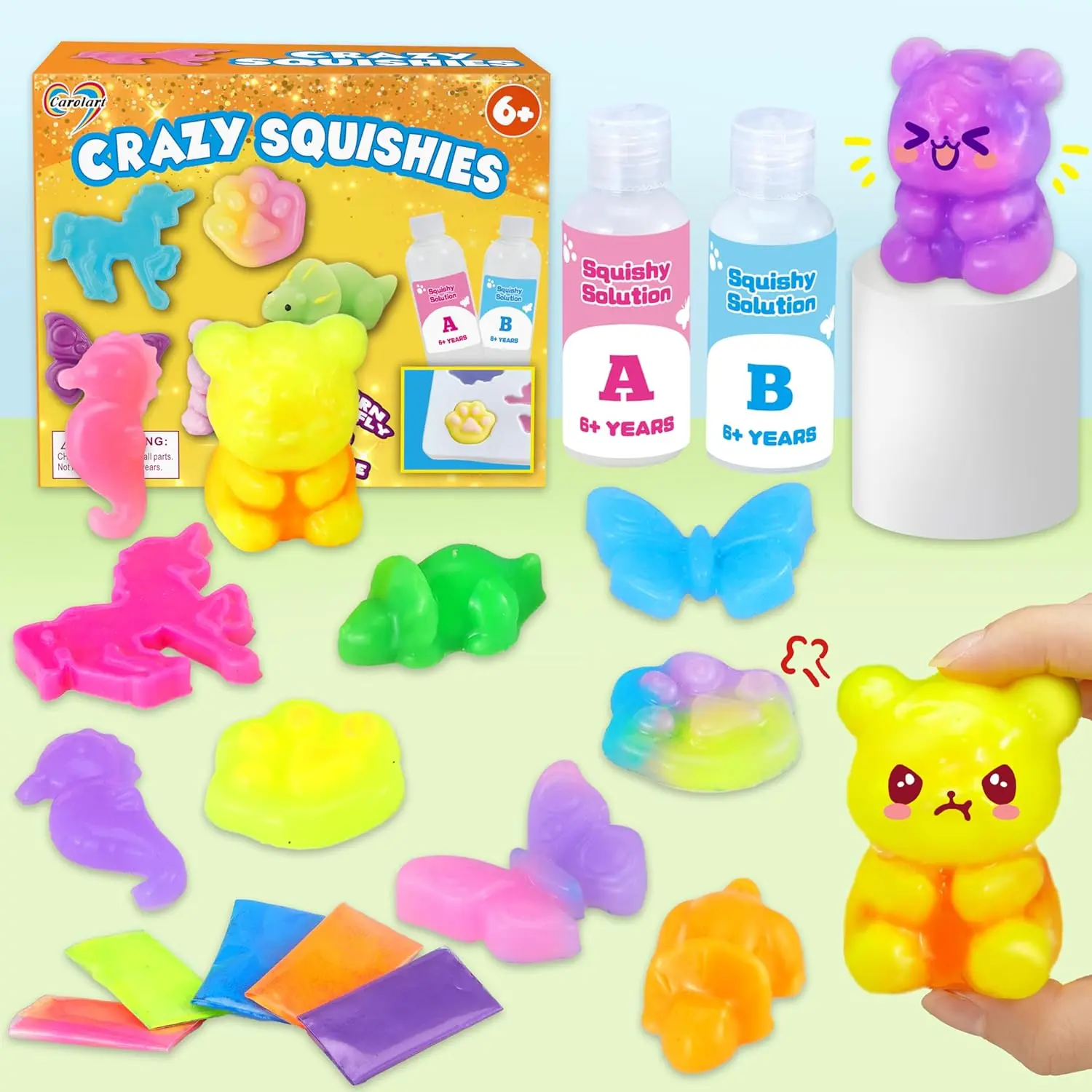CAROLART Sensory Friendly DIY Squishy Toy Kit for Kids 6-12 - 6 Animal Shapes Molds, Glow-in-the-Dark Powder, Dye Colors, Mixing Cups, STEM Craft Kit, Fine Motor Skills/Hand-Eye Coordination Booster, Eco-Friendly Anxiety Relief Squeeze Toy for Holidays