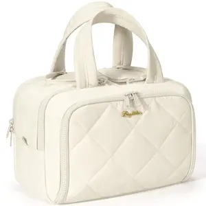 (LIVE ONLY)Bagstellar Double Zipper Wide-open Toiletry Bag, Lightweight Puffy Travel Bag for Women, Quilted Makeup Bag Organizer Water-resistant Cosmetic Bag with Handle for Toiletries, Essentials, Accessories