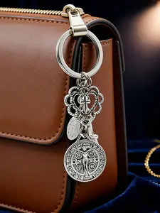 1 Religious Novelty Keychain | Saint Benedict and Holy Mother Cross Keychain, with various accessories, prayer amulet, for bag and phone decoration, Saint Benedict pendant, hollow heart-shaped accessory, keychain