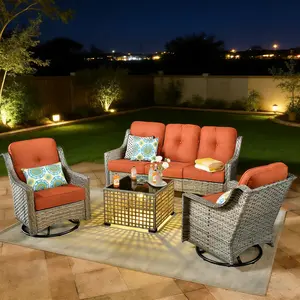 OOSWIFT 5-Piece Outdoor Rattan Bistro Set with 3-Seat Sofa & Swivel Rocking Chairs | Includes Shiny Solar-Powered Coffee Table | All-Weather Wicker Conversation Set for Garden, Porch, Backyard, Poolside