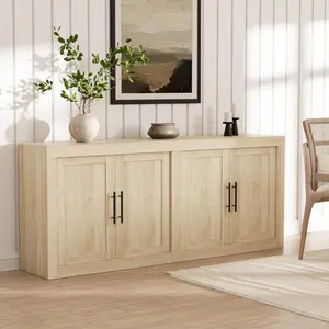 71 Inch Large Sideboard Cabinet Modern Storage Buffet Table with 4 Glass Doors Multifunctional Coffee Bar Cabinet White Entertainment TV Stand Fits 50 to 80 Inch TV for Dining Living Room