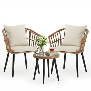 3 Pieces Outdoor Bistro Set, All-Weather PE Rattan Patio Furniture Set with Cushions, Steel Frame Table and Chairs for Balcony, Apartment, Porch