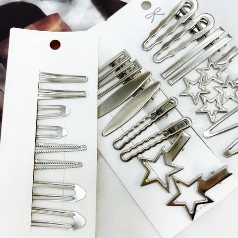 Women's Fashion Silver Metal Hair Styling Accessories, 24pc Mixed-Style Star Flat Clips, Seamless Duckbill Hairpins, DIY Bag Accessories
