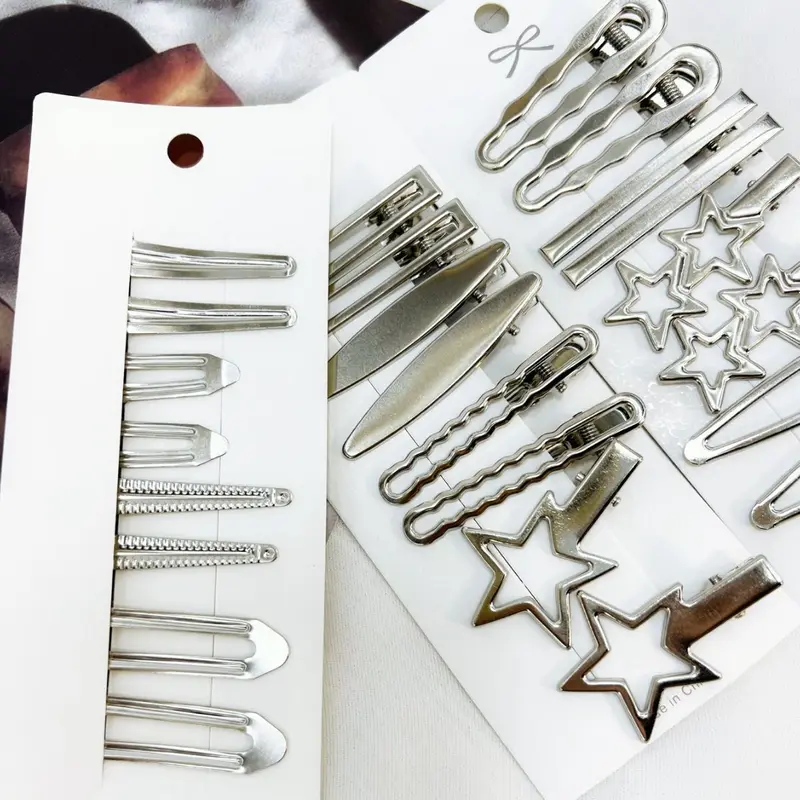Women's Fashion Silver Metal Hair Styling Accessories, 24pc Mixed-Style Star Flat Clips, Seamless Duckbill Hairpins, DIY Bag Accessories