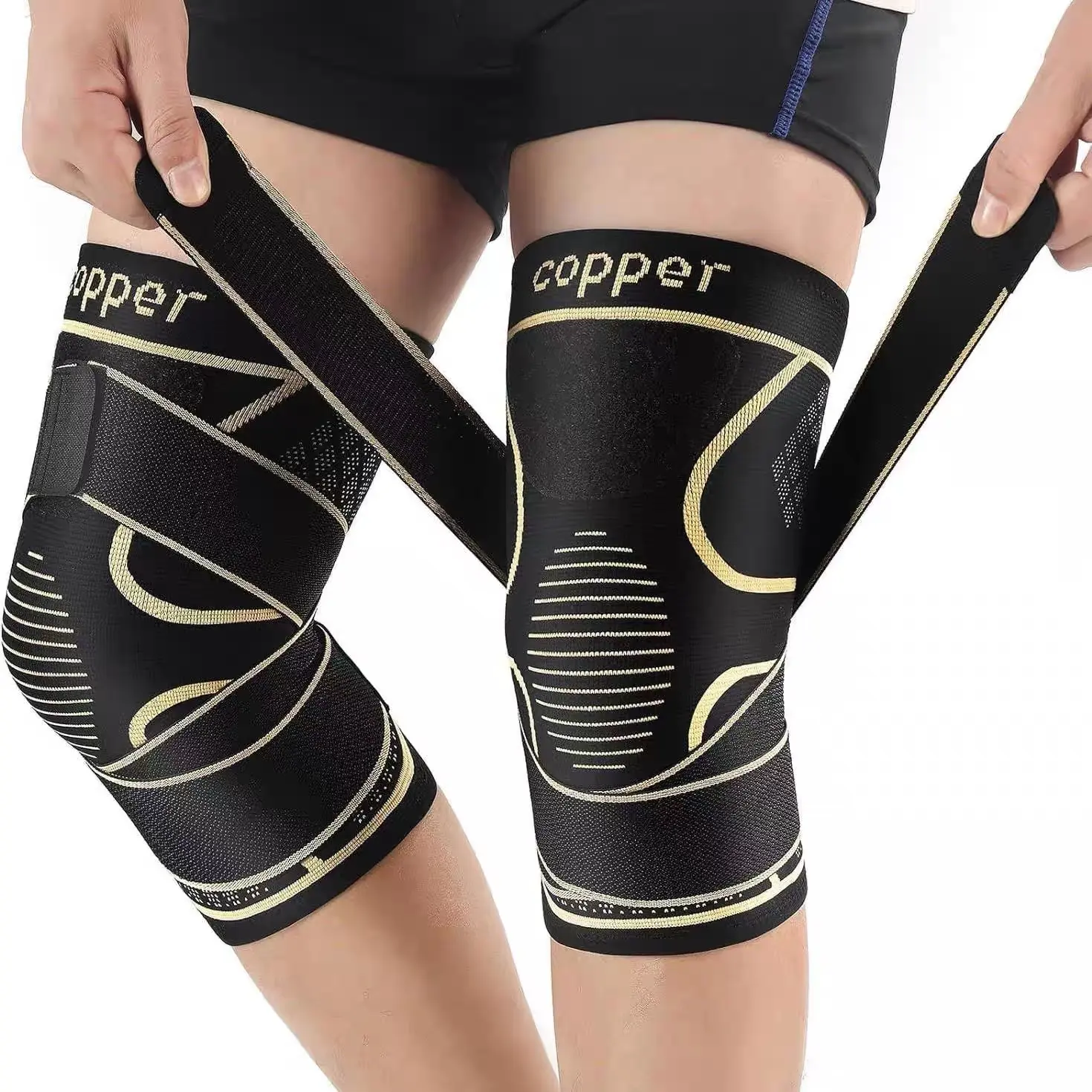 2026 NEW Copper Knee Braces for Knee Pain （2-Pcs) Black Gold Athletic Knee Brace with 3D Knit Technology Copper Infused Fabric Open Weave Ventilation Dual Elastic Straps for Running Basketball Weightlifting and Arthritis Support