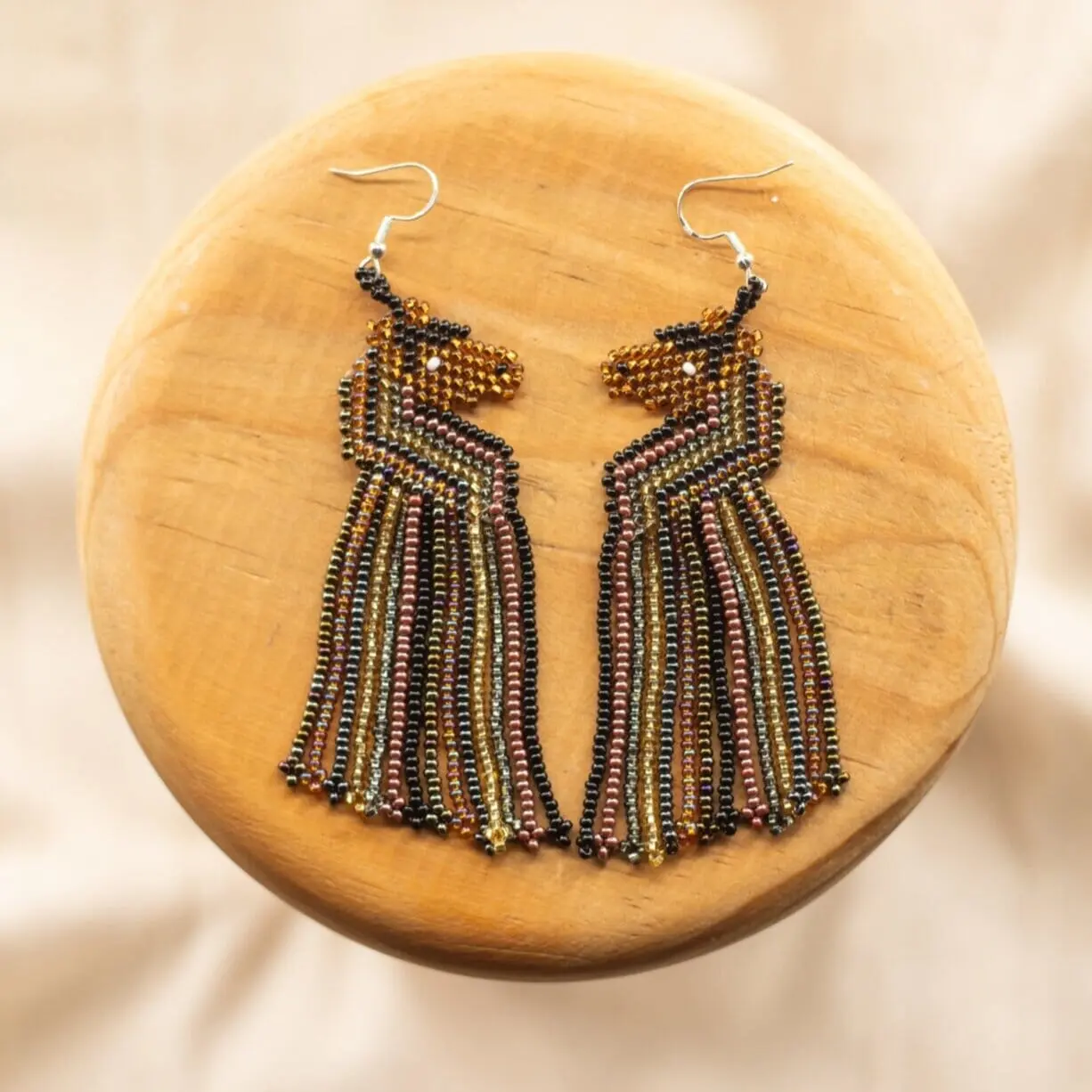 Brandy - Native Beaded Llama Earrings in Boho Brown - Handmade by Huichol Artisans - Mother Sierra