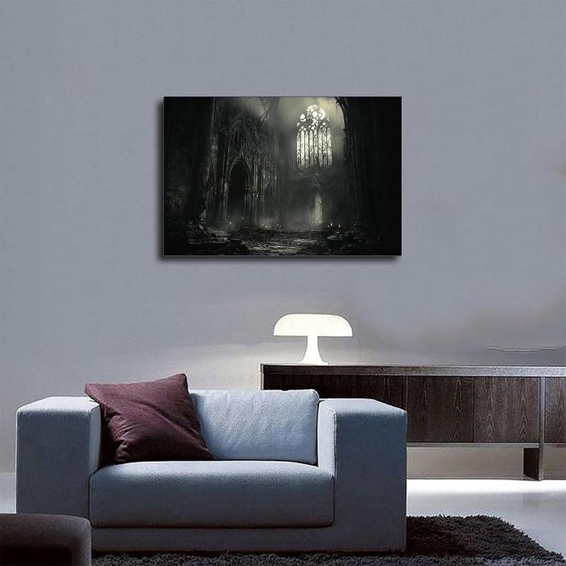 XAHOR Abandoned Gothic Cathedral Wall Art – Dark Horror Architecture Print – Vintage Black And White Canvas Wall Art Print Poster For Home School Office Decor 12x18inch(30x45cm)