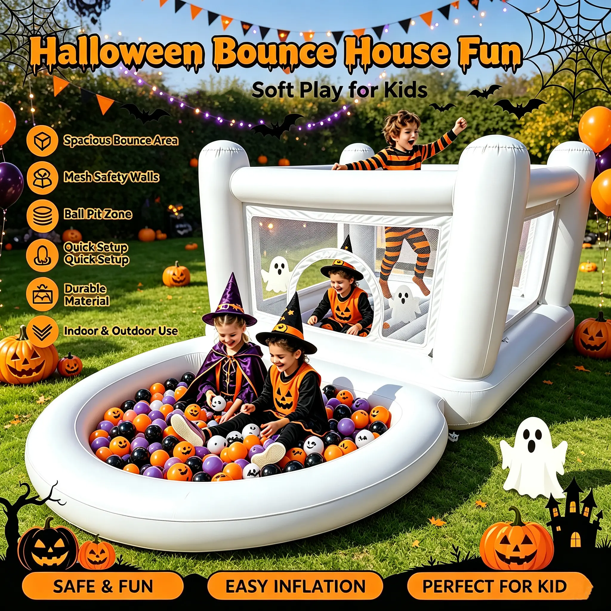 Decoraciones de Halloween Halloween Inflatable Bounce House White Bounce House Fun Soft Play for Kids with a Mesh Safety Walls, and a Ball Pit Zone. Quick Setup, PVC Durable Material, Indoor & Outdoor Use. Safe, Fun, and Easy to Inflate—Perfect for Kids