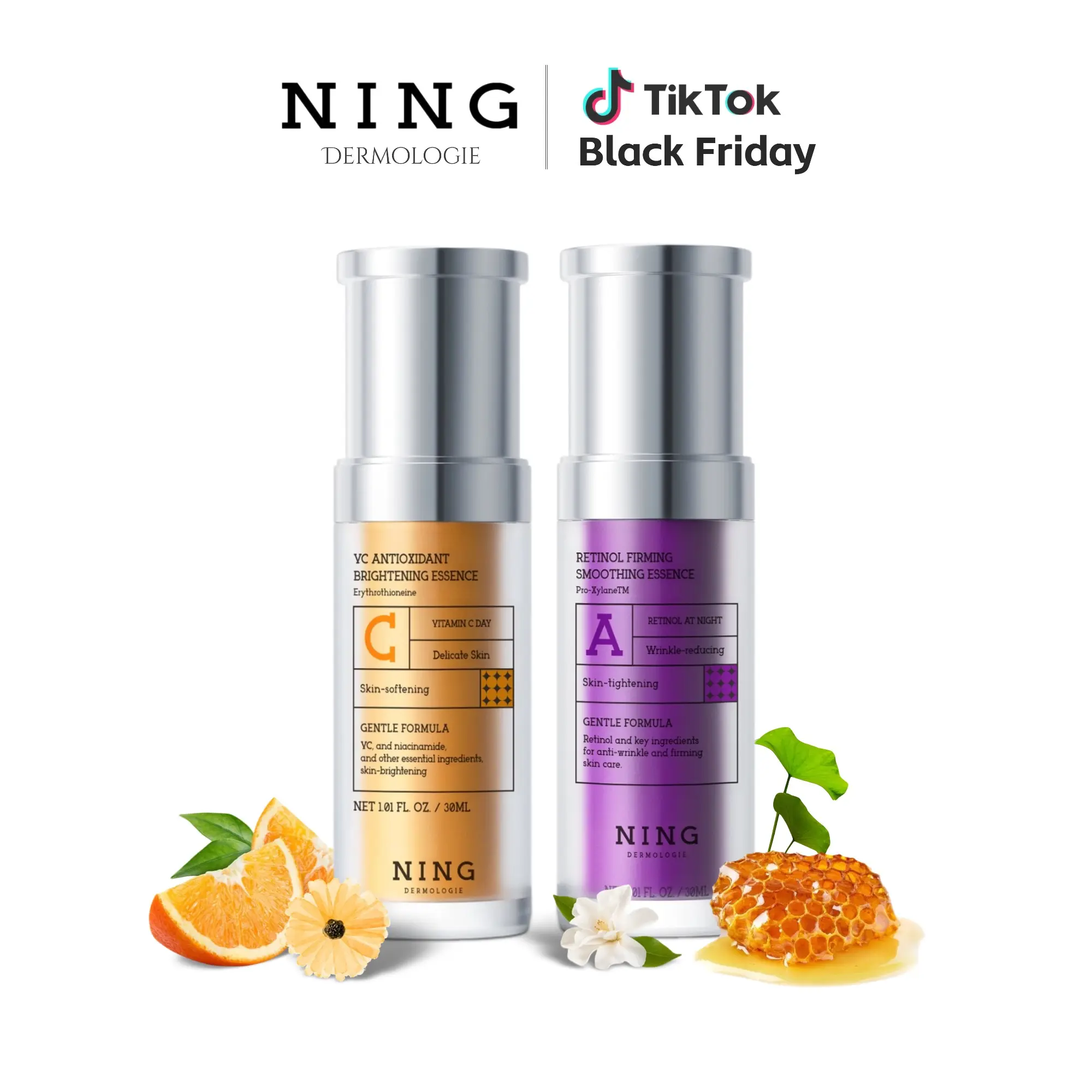 Vitamin C + Retinol 7-Day Radiant Skin Set | Brightening, Anti-aging, and Moisturizing Facial Serum, containing niacinamide, ethyl ascorbic acid, and peptides | Korean morning and evening skincare routine to fade dark spots and wrinkles. 2-bottle pack.