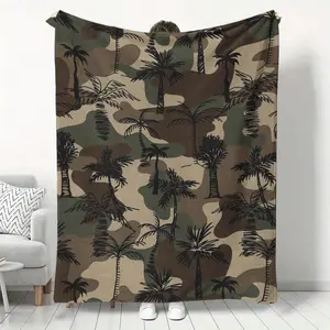 Comfortable retro camouflage coconut tree printed flannel blanket, fashionable, soft, warm, suitable for all seasons, multi-functional gift printed blanket, ideal for sofas, beds, offices and travels, perfect for holidays and birthdays gifts