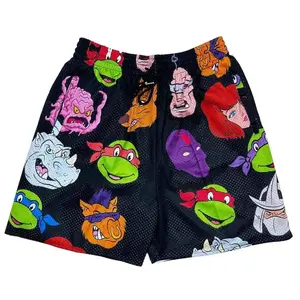 TNNT AOP Anime Shorts Black Unisex Sports Double-Layered Inner Shorts Full Print Drawstring Design Men Women Mesh Basketball Shorts 4 Pockets 5.5 Inseam