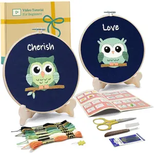 Embroidery Kit for Kids and Adults, Owls Embroidery Kit for Beginners, Easy Needlepoint Starter Kit with 2 Display Stands
