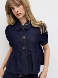 Cider Denim Peter Pan Collar Ruched Puff Sleeve Blouse
