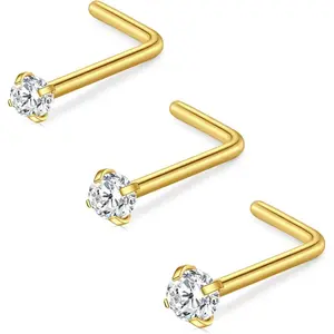 16G 18G 20G 22G L Shaped Nose Studs in Surgical Steel-1.5mm 2mm 2.5mm 3mm-Clear Colorful Diamond CZ Nose Rings for Women-Ideal for Nose Nostril Piercing-Silver Gold Rose Gold Black Styles