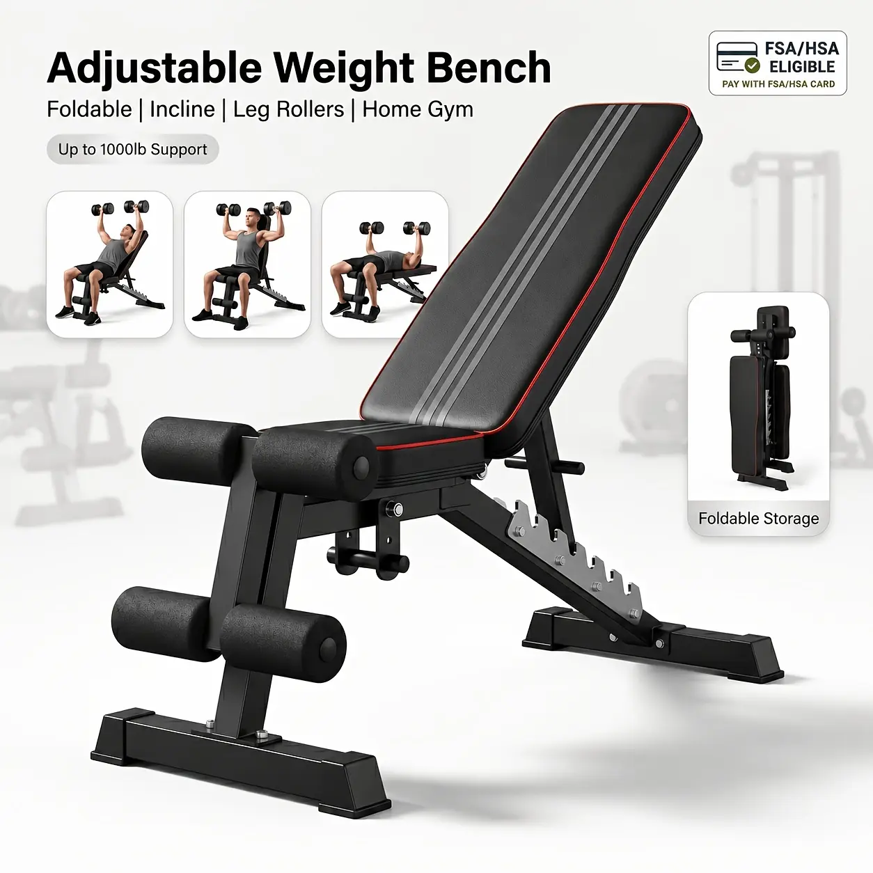 Adjustable Weight Bench, 7-Position Foldable Incline Decline Flat Workout Bench with Leg Rollers, Pre-Assembled 3-Minute Setup, 1000 lb Weight Capacity, FSA/HSA Eligible, Heavy Duty Exercise Bench for Home Gym Strength Training