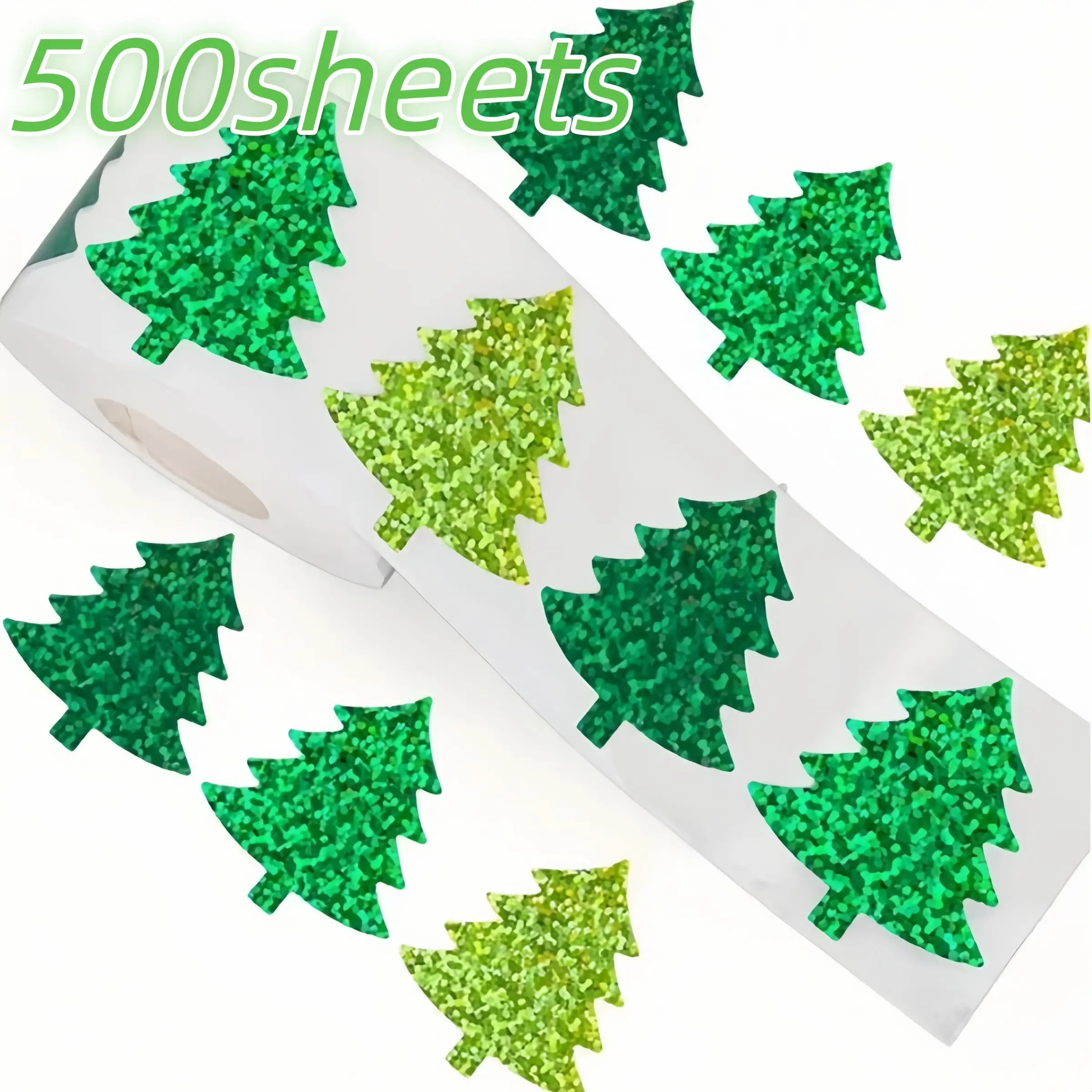 500 Sheets Glitter Christmas Tree Stickers Roll - Self-Adhesive PVC Matte Holiday Labels, Gift Wrapping Supplies, Scrapbook Accessories, Durable Design